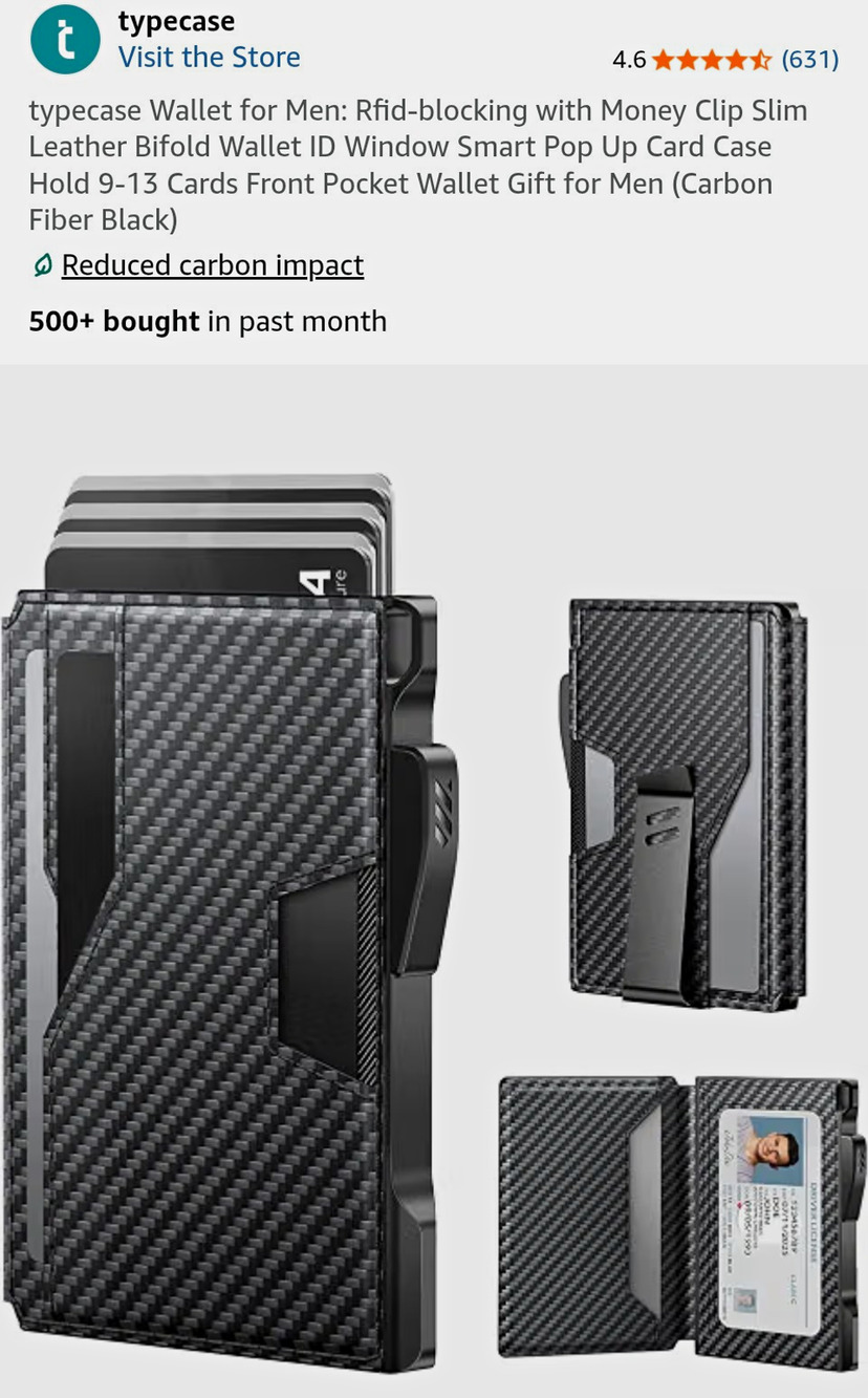 typecase RFID Blocking Slim Bifold Wallet Money Clip ID Window Carbon Fiber